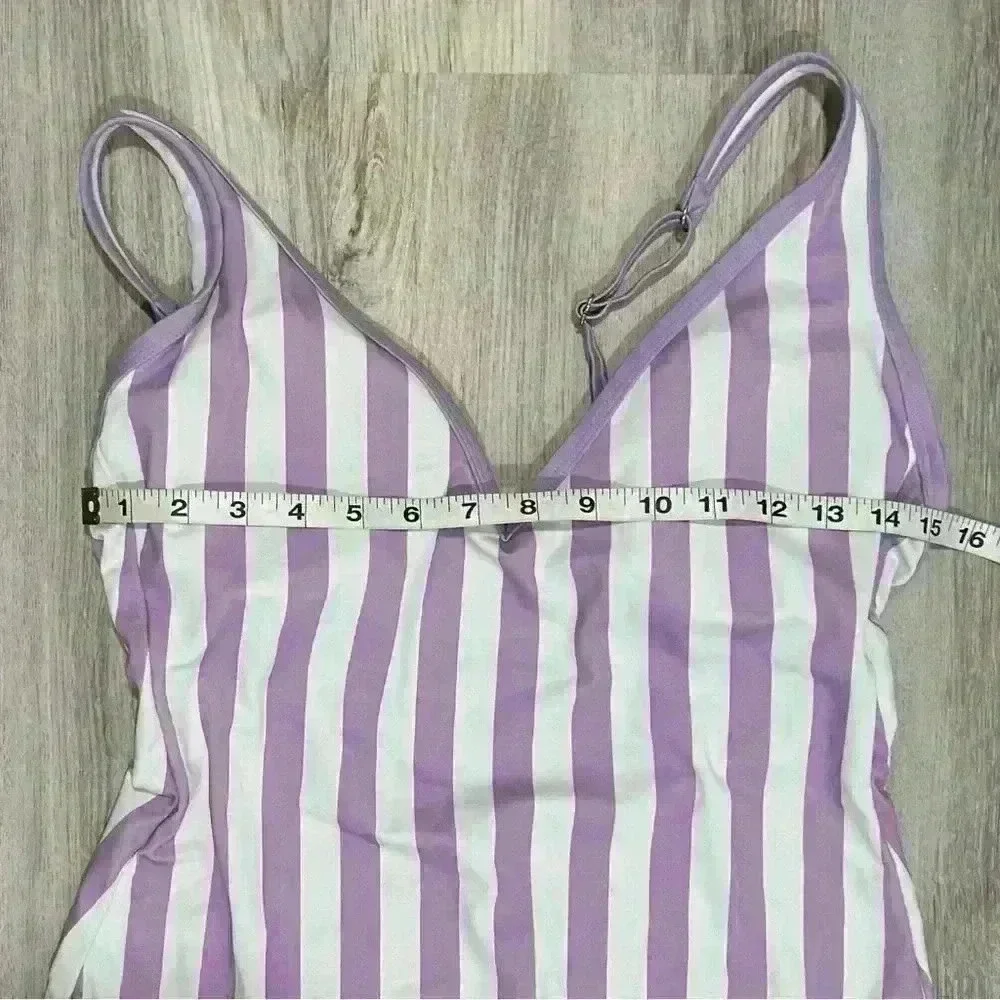 Kona Sol Purple Stripe V Neck Low Back High Leg One Piece Swimsuit Size L